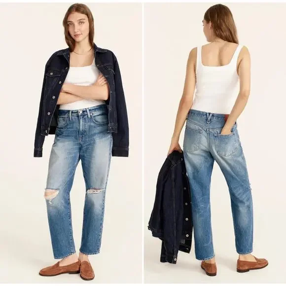 NEW J.Crew Jeans Women 34 Blue Medium Wash Boyfriend Slouchy Distressed - Picture 1 of 11